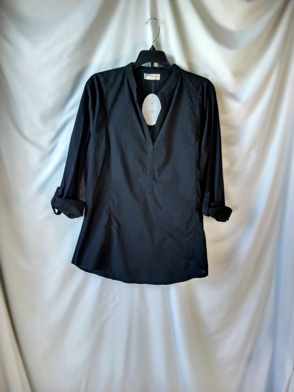 Fashion Magazine Black V-Neck Tunic with Roll-Tab Sleeves